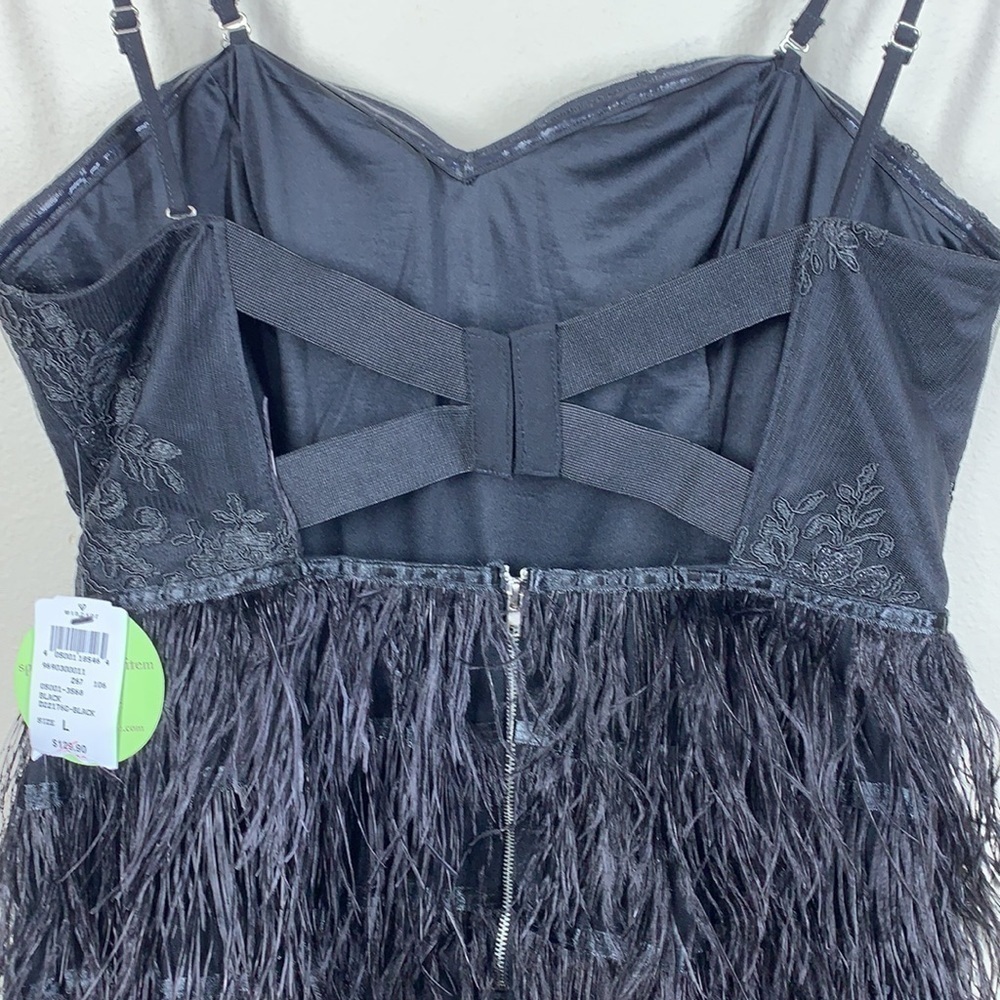 Windsor black ostrich spaghetti strap feather mini dress size large NWT - Picture 8 of 12